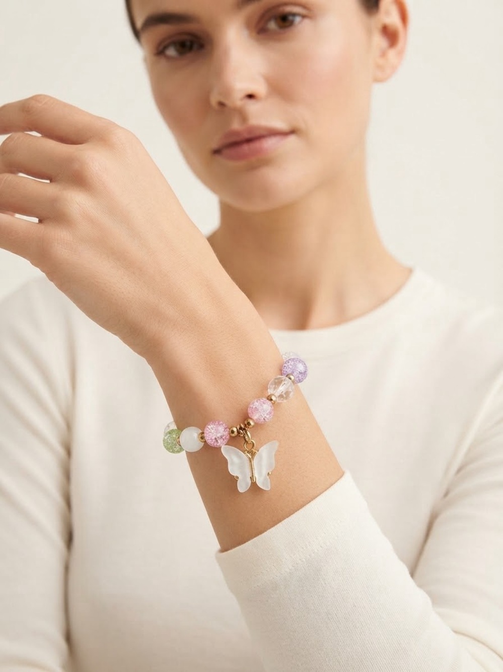 Butterfly Charm Beaded Bracelet - Pastel Mix